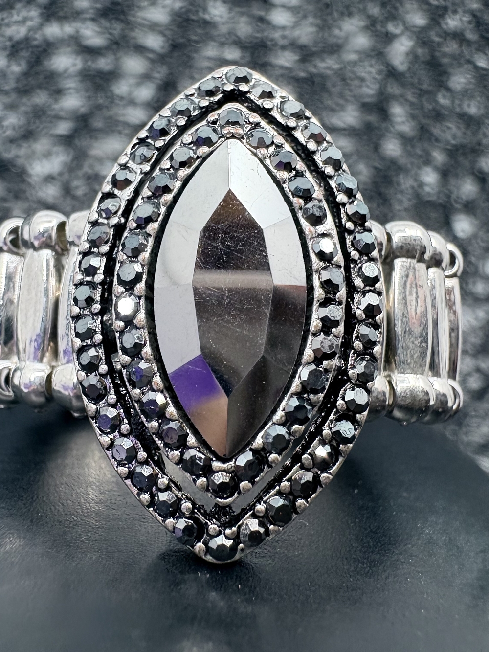 Marquise Hematite Crystal Stretch Ring - Silver Tone